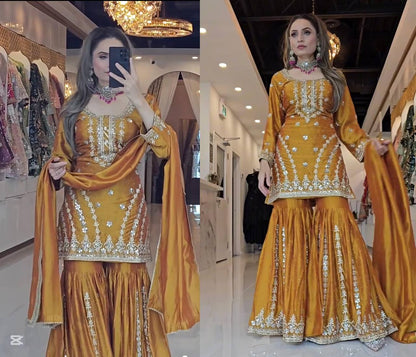 Premium Heavy Chinon Silk Top, Sarara Plazzo & Dupatta Set