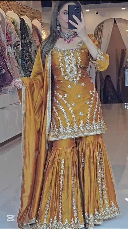 Premium Heavy Chinon Silk Top, Sarara Plazzo & Dupatta Set
