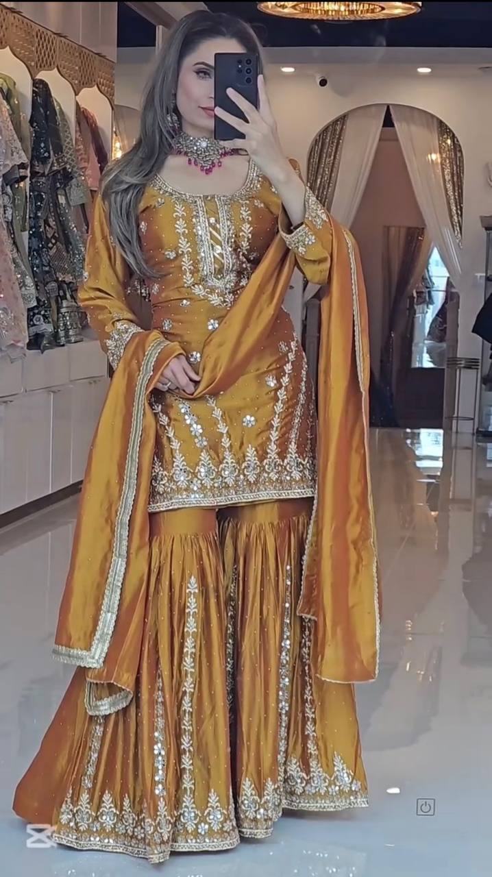 Premium Heavy Chinon Silk Top, Sarara Plazzo & Dupatta Set