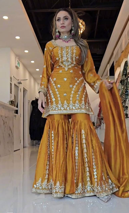 Premium Heavy Chinon Silk Top, Sarara Plazzo & Dupatta Set