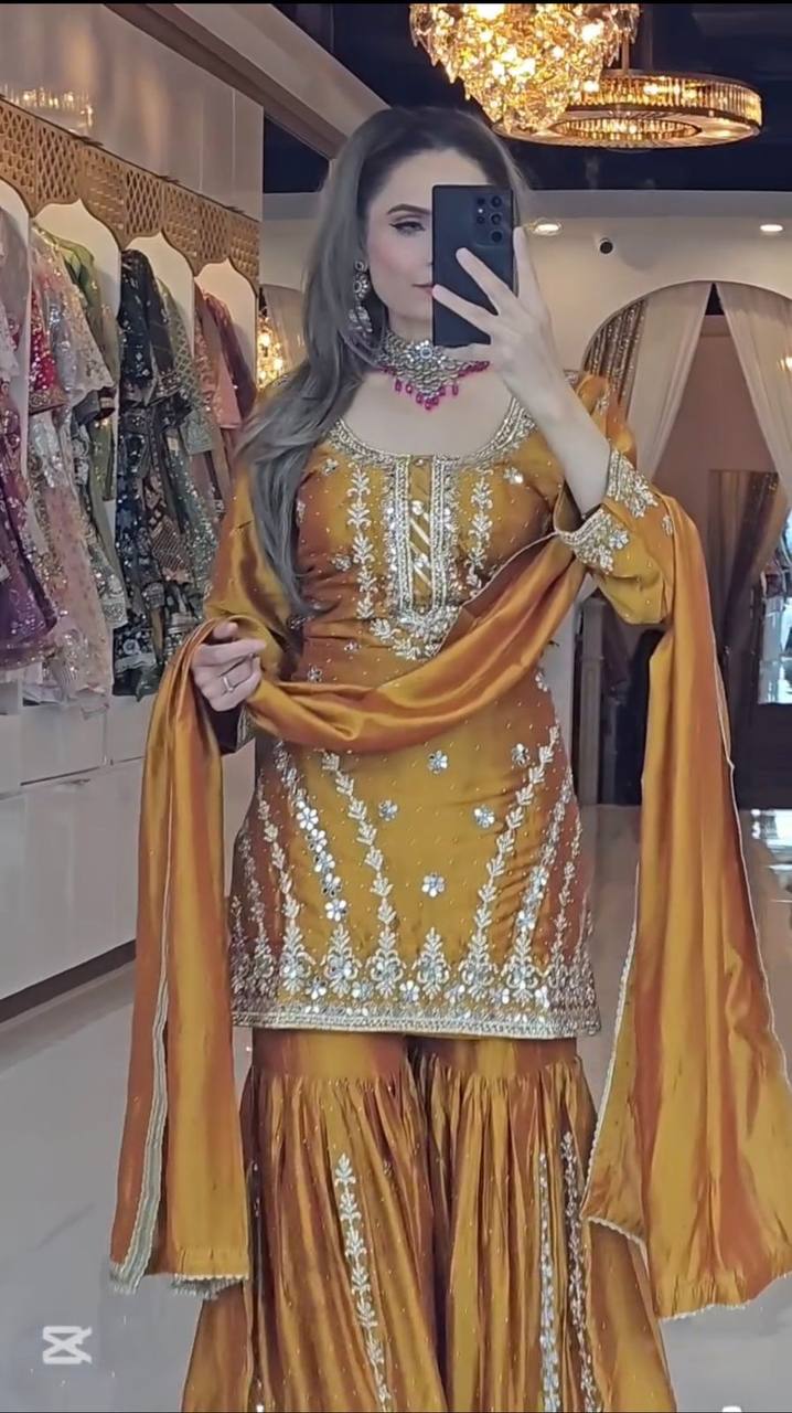 Premium Heavy Chinon Silk Top, Sarara Plazzo & Dupatta Set