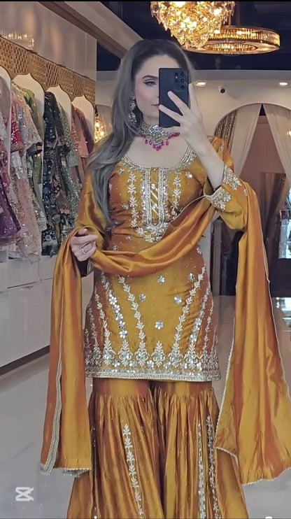 Premium Heavy Chinon Silk Top, Sarara Plazzo & Dupatta Set