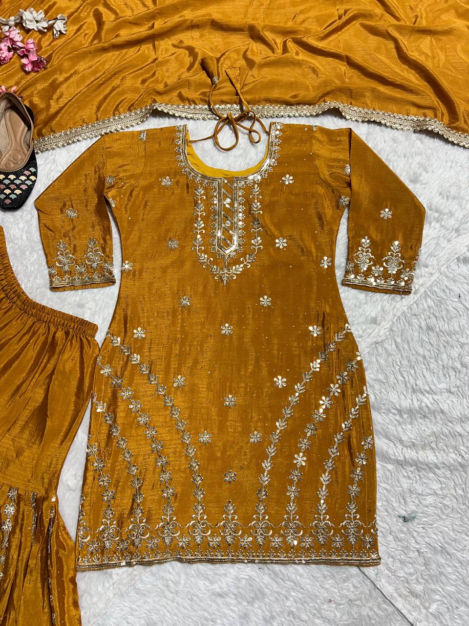 Premium Heavy Chinon Silk Top, Sarara Plazzo & Dupatta Set