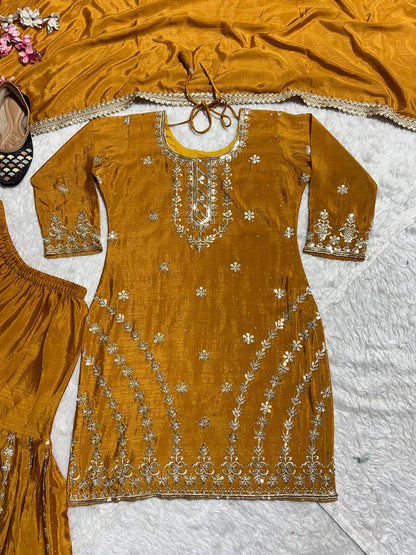 Premium Heavy Chinon Silk Top, Sarara Plazzo & Dupatta Set