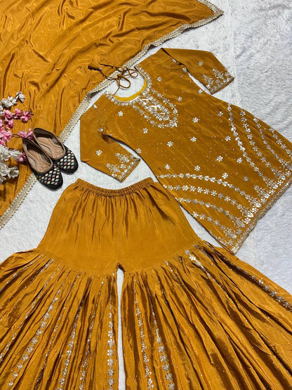 Premium Heavy Chinon Silk Top, Sarara Plazzo & Dupatta Set
