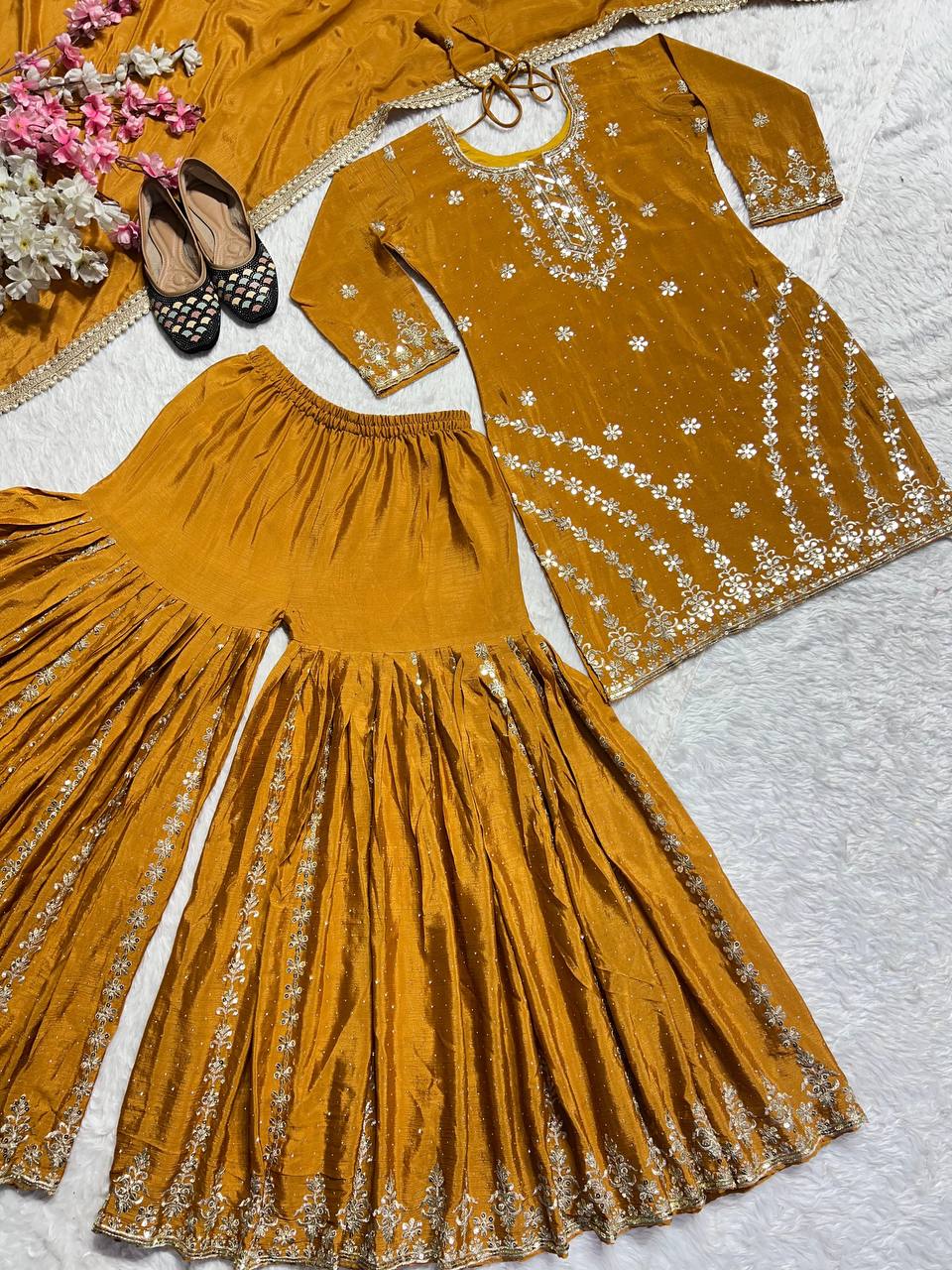 Premium Heavy Chinon Silk Top, Sarara Plazzo & Dupatta Set