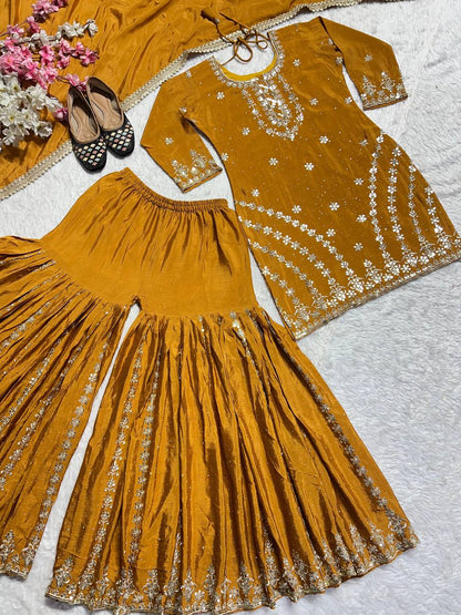 Premium Heavy Chinon Silk Top, Sarara Plazzo & Dupatta Set