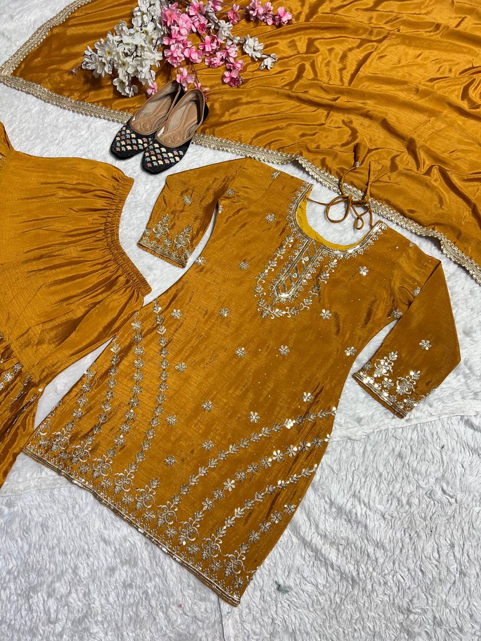 Premium Heavy Chinon Silk Top, Sarara Plazzo & Dupatta Set