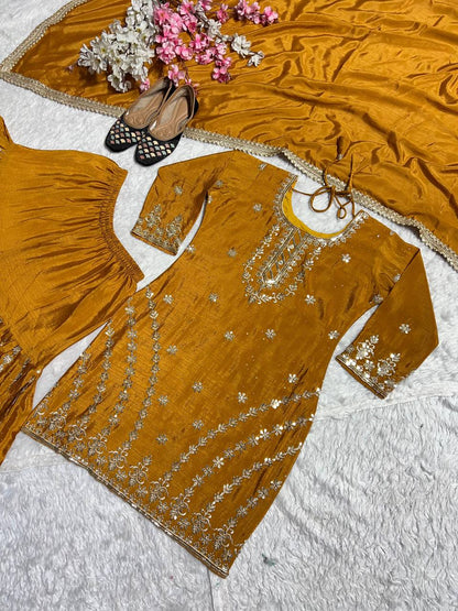 Premium Heavy Chinon Silk Top, Sarara Plazzo & Dupatta Set