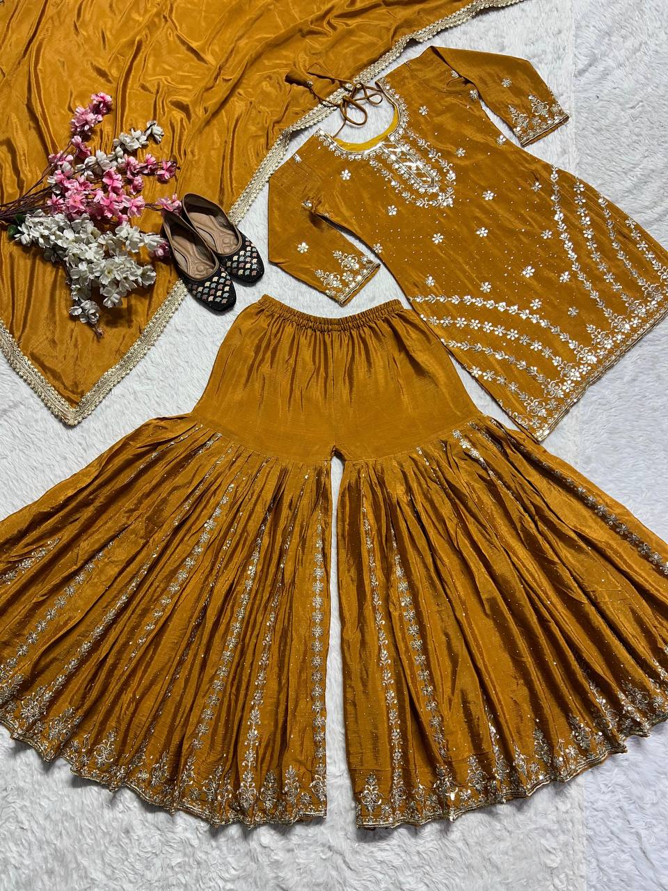 Premium Heavy Chinon Silk Top, Sarara Plazzo & Dupatta Set