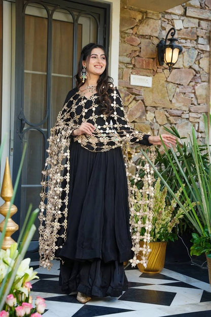 Premium Roman Silk Gown, Plazzo & Dupatta Set – Heavy Real Mirror Embroidery Work