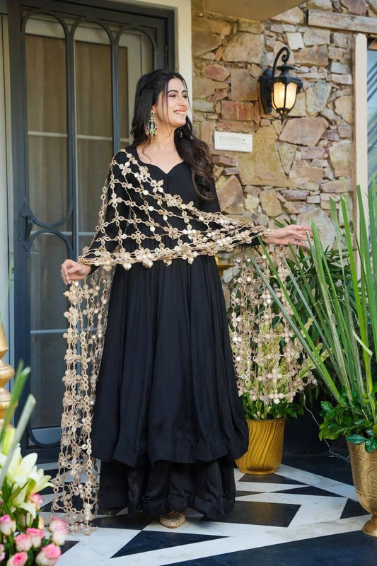 Premium Roman Silk Gown, Plazzo & Dupatta Set – Heavy Real Mirror Embroidery Work