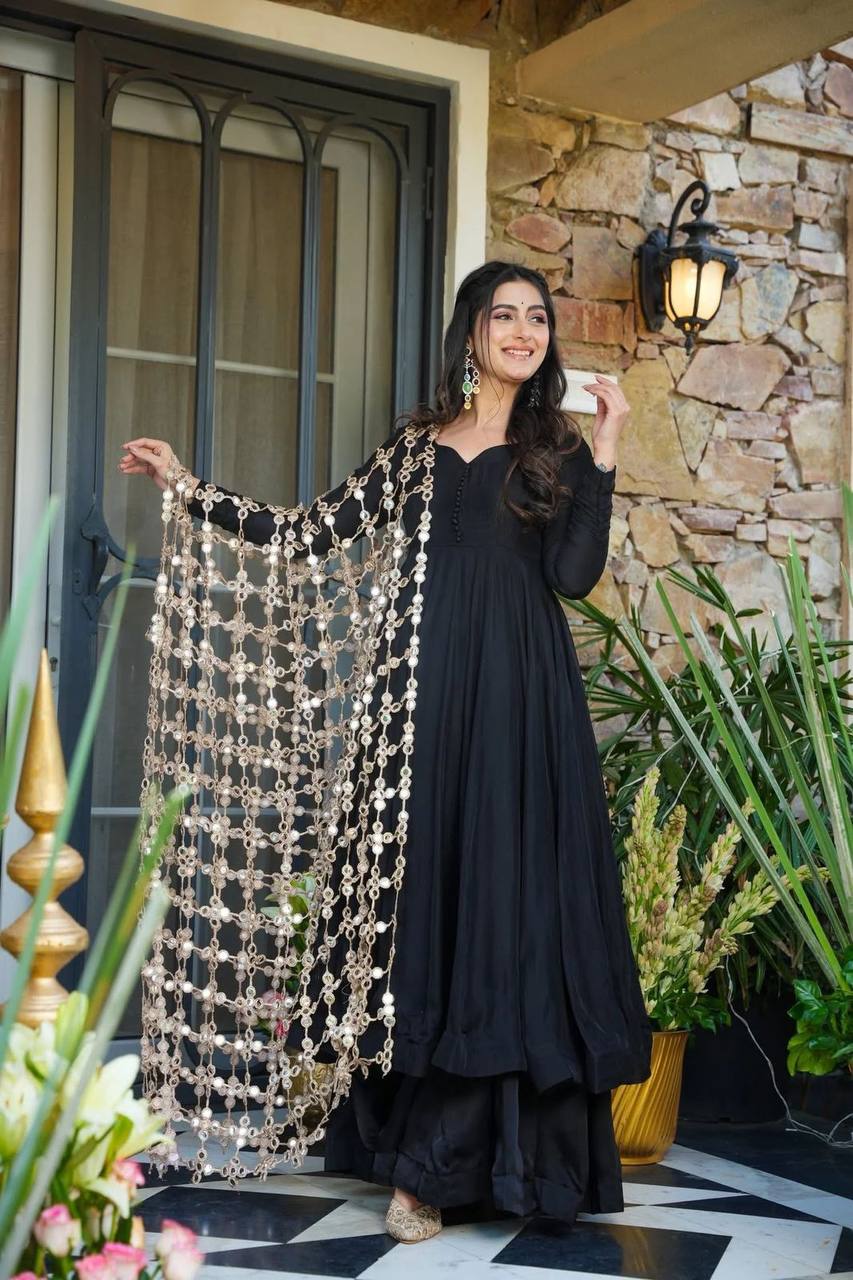 Premium Roman Silk Gown, Plazzo & Dupatta Set – Heavy Real Mirror Embroidery Work