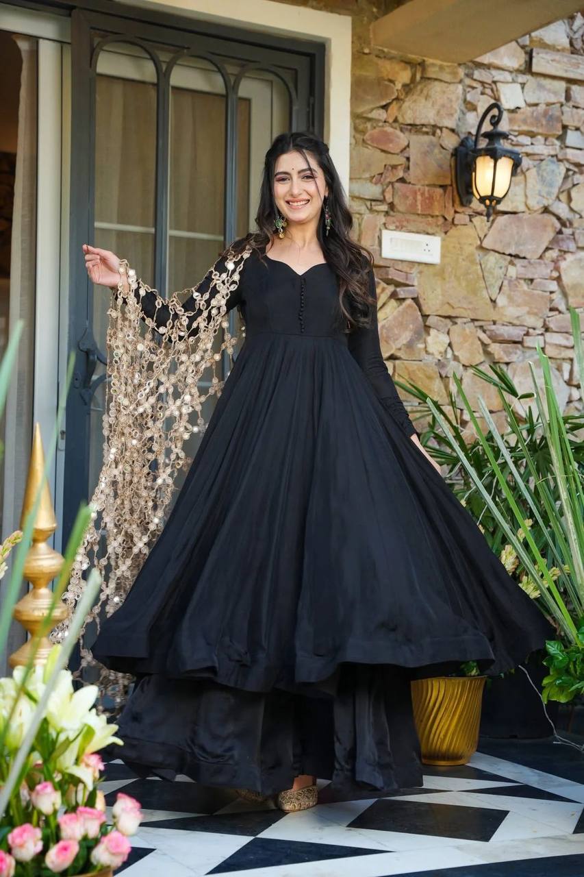 Premium Roman Silk Gown, Plazzo & Dupatta Set – Heavy Real Mirror Embroidery Work