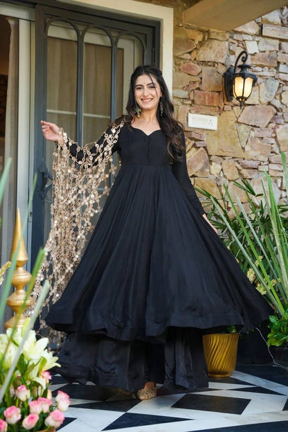 Premium Roman Silk Gown, Plazzo & Dupatta Set – Heavy Real Mirror Embroidery Work