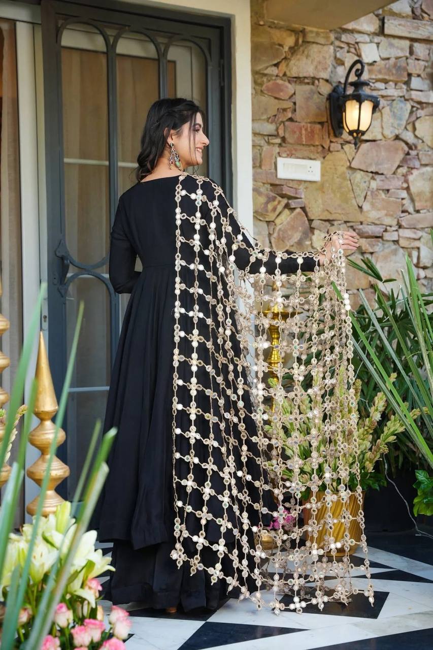 Premium Roman Silk Gown, Plazzo & Dupatta Set – Heavy Real Mirror Embroidery Work