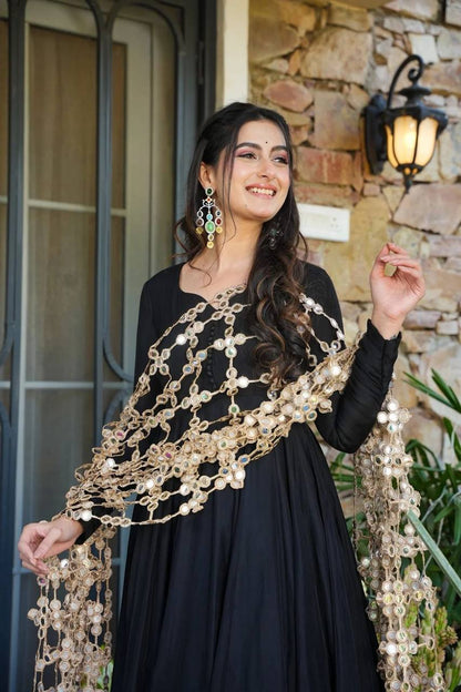 Premium Roman Silk Gown, Plazzo & Dupatta Set – Heavy Real Mirror Embroidery Work