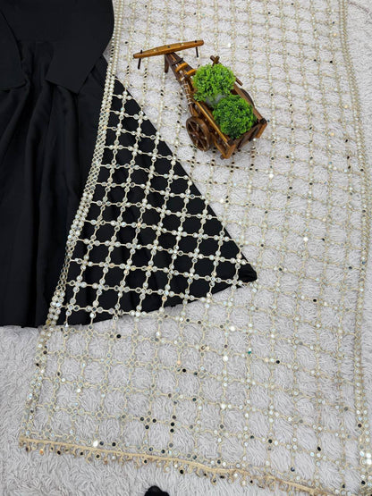 Premium Roman Silk Gown, Plazzo & Dupatta Set – Heavy Real Mirror Embroidery Work