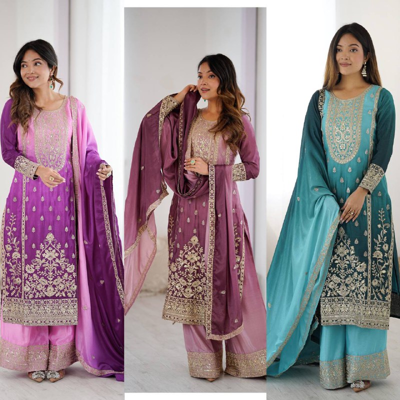 Premium Shaded Chinon Silk Top, Plazzo & Dupatta Set