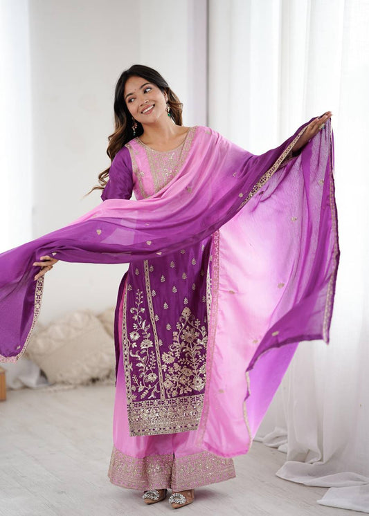 Premium Shaded Chinon Silk Top, Plazzo & Dupatta Set
