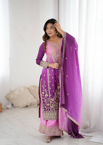Premium Shaded Chinon Silk Top, Plazzo & Dupatta Set