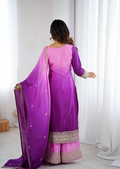 Premium Shaded Chinon Silk Top, Plazzo & Dupatta Set