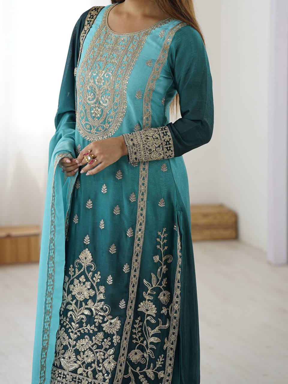 Premium Shaded Chinon Silk Top, Plazzo & Dupatta Set