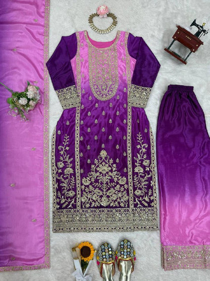 Premium Shaded Chinon Silk Top, Plazzo & Dupatta Set