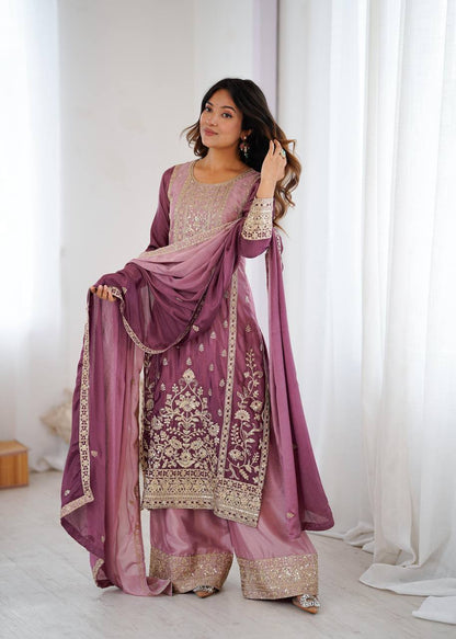 Premium Shaded Chinon Silk Top, Plazzo & Dupatta Set