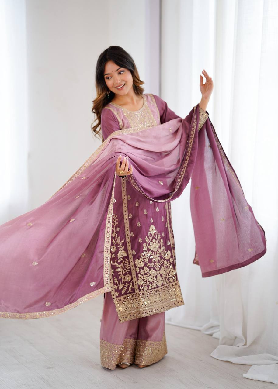 Premium Shaded Chinon Silk Top, Plazzo & Dupatta Set