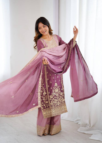 Premium Shaded Chinon Silk Top, Plazzo & Dupatta Set