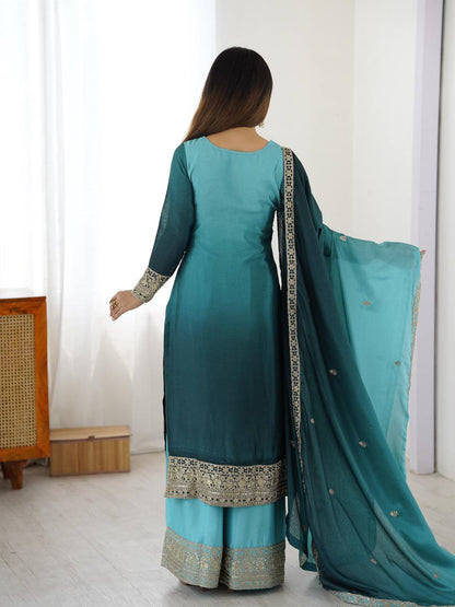 Premium Shaded Chinon Silk Top, Plazzo & Dupatta Set