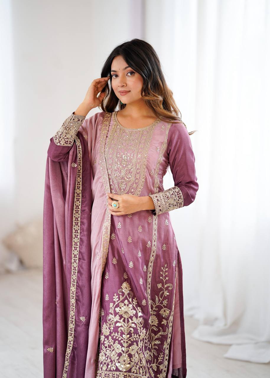 Premium Shaded Chinon Silk Top, Plazzo & Dupatta Set
