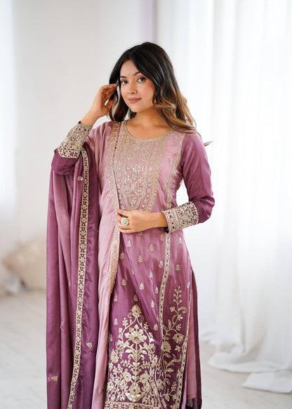 Premium Shaded Chinon Silk Top, Plazzo & Dupatta Set