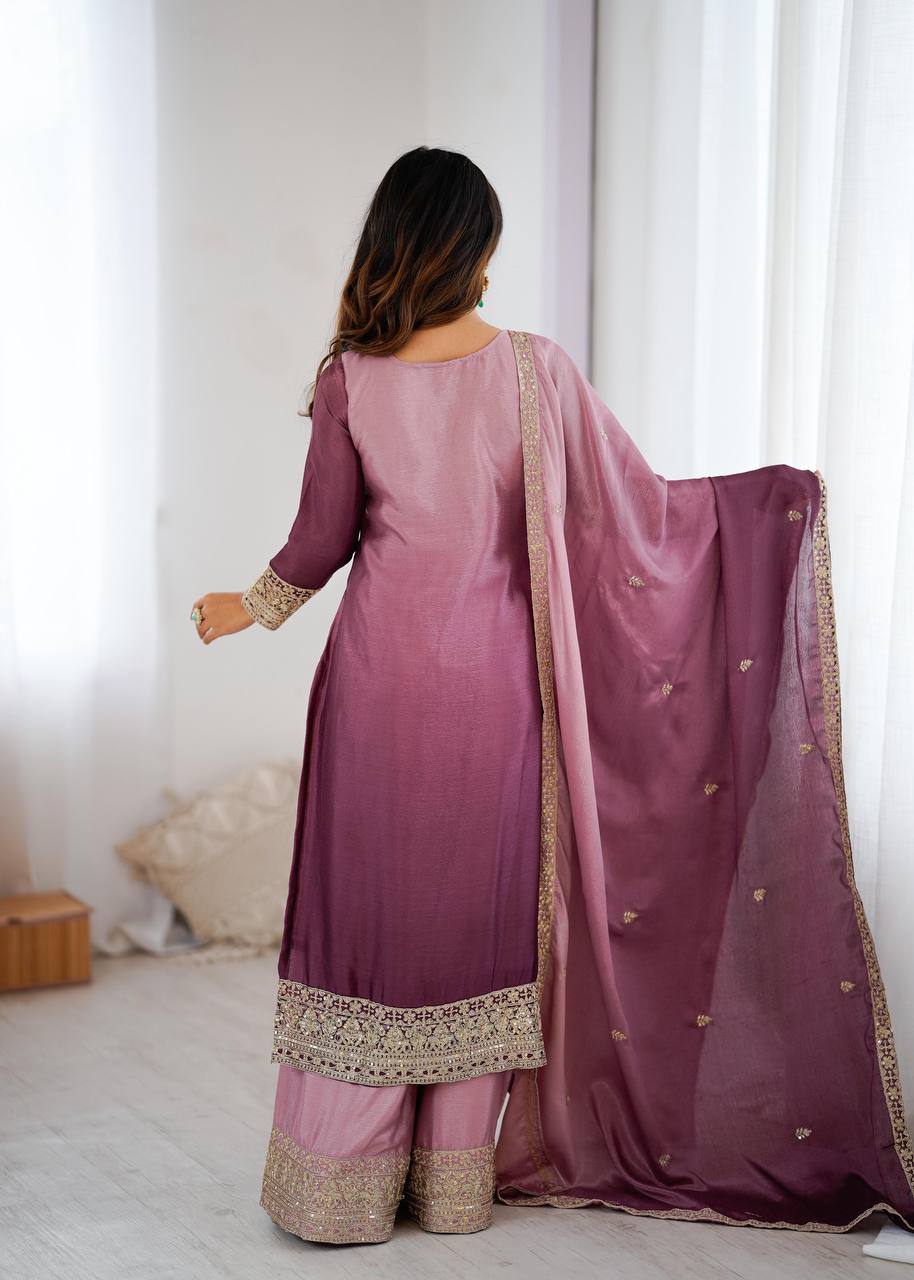 Premium Shaded Chinon Silk Top, Plazzo & Dupatta Set