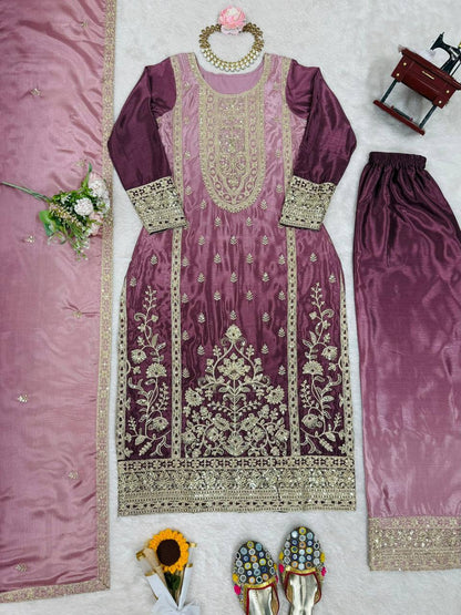 Premium Shaded Chinon Silk Top, Plazzo & Dupatta Set