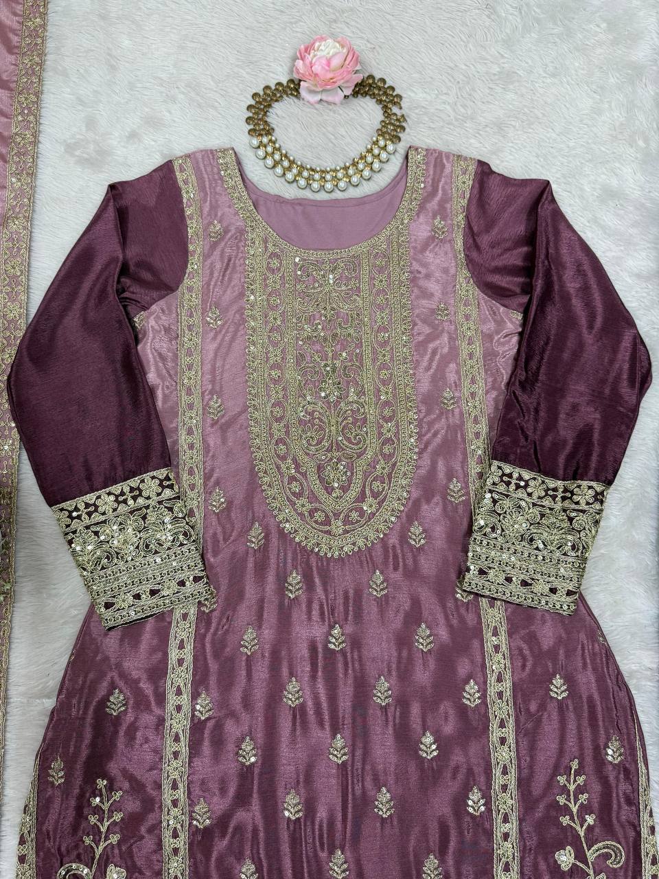 Premium Shaded Chinon Silk Top, Plazzo & Dupatta Set