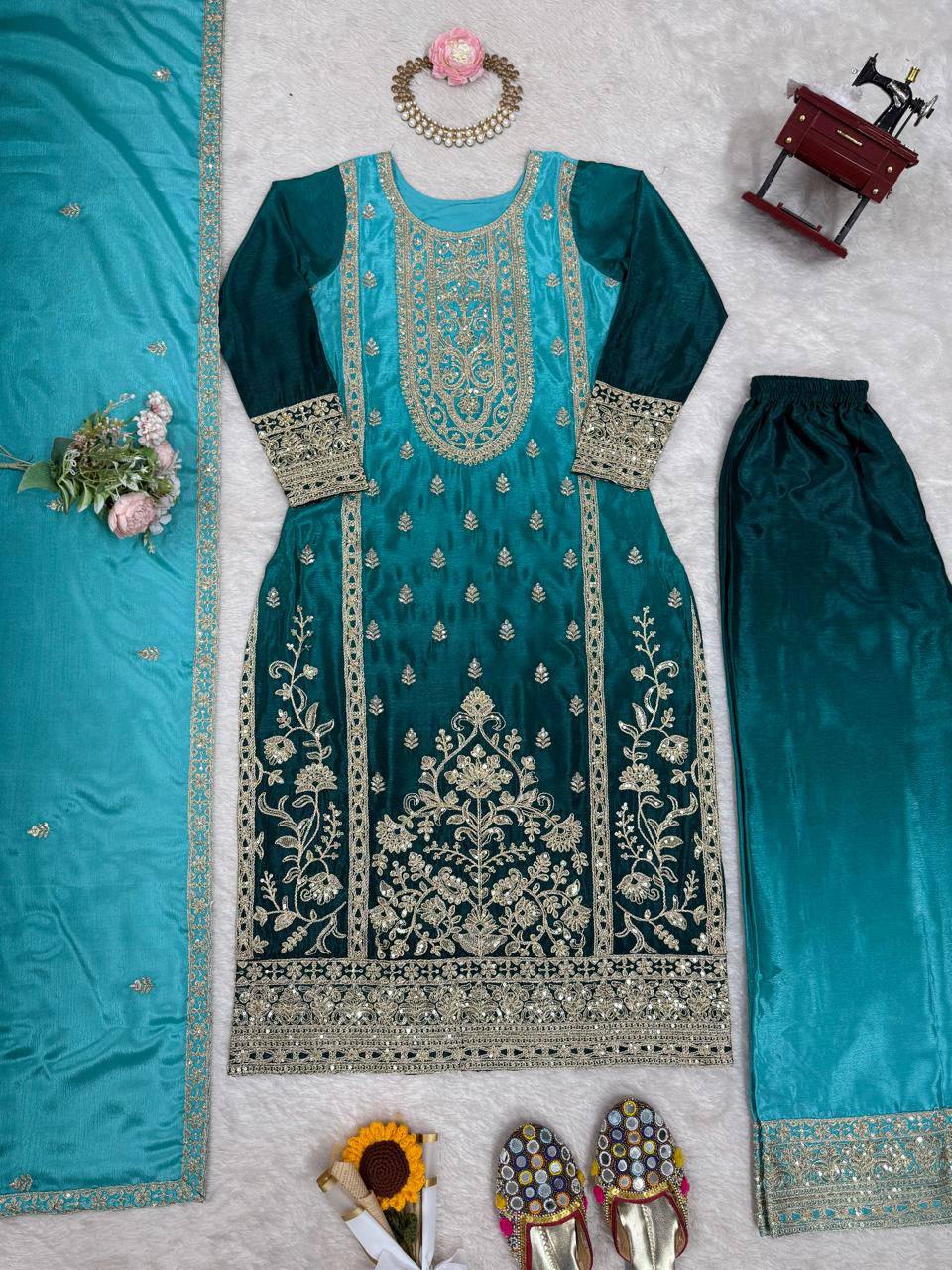 Premium Shaded Chinon Silk Top, Plazzo & Dupatta Set