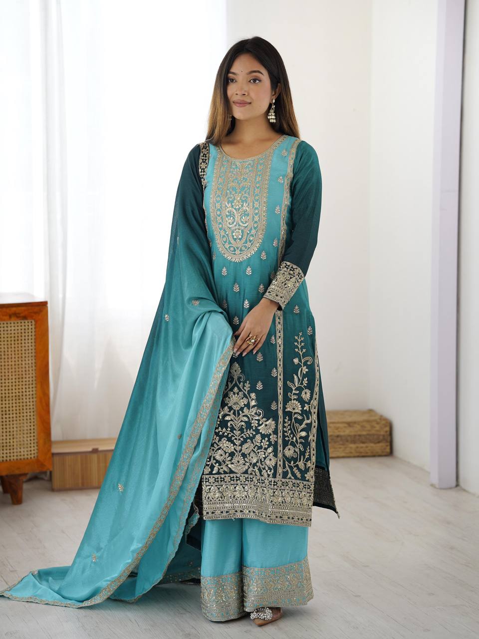 Premium Shaded Chinon Silk Top, Plazzo & Dupatta Set