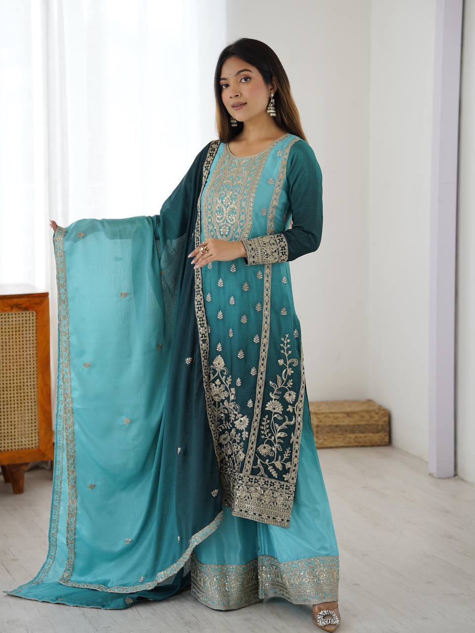 Premium Shaded Chinon Silk Top, Plazzo & Dupatta Set