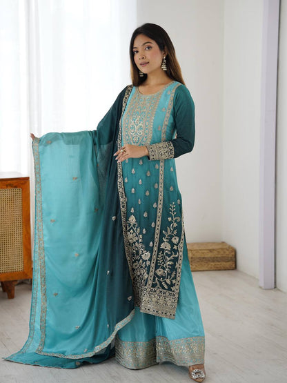 Premium Shaded Chinon Silk Top, Plazzo & Dupatta Set