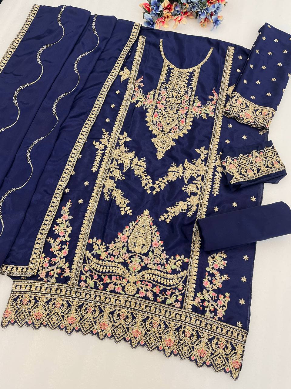 Premium Viscose Chinon Silk Top, Bottom & Dupatta Set