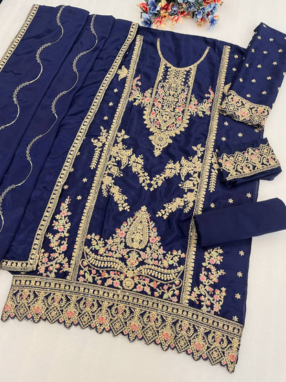 Premium Viscose Chinon Silk Top, Bottom & Dupatta Set