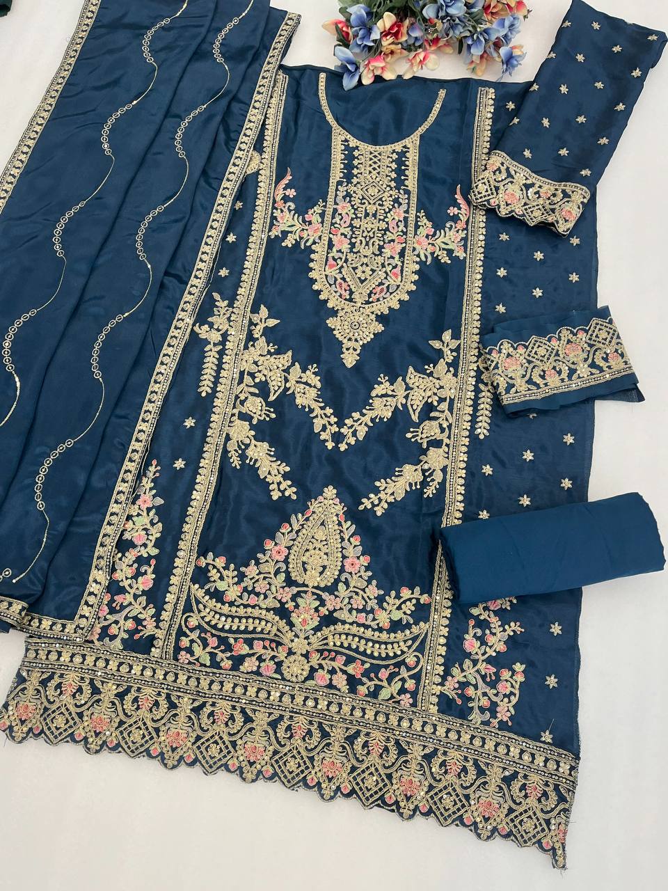 Premium Viscose Chinon Silk Top, Bottom & Dupatta Set