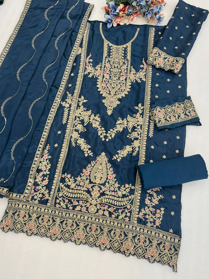 Premium Viscose Chinon Silk Top, Bottom & Dupatta Set