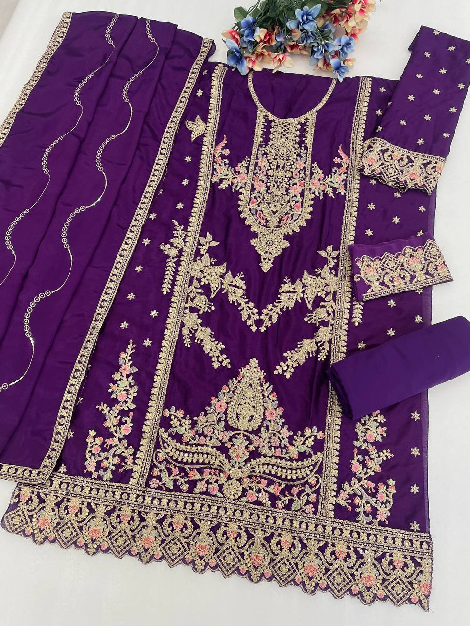 Premium Viscose Chinon Silk Top, Bottom & Dupatta Set