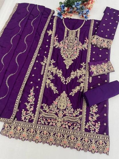 Premium Viscose Chinon Silk Top, Bottom & Dupatta Set