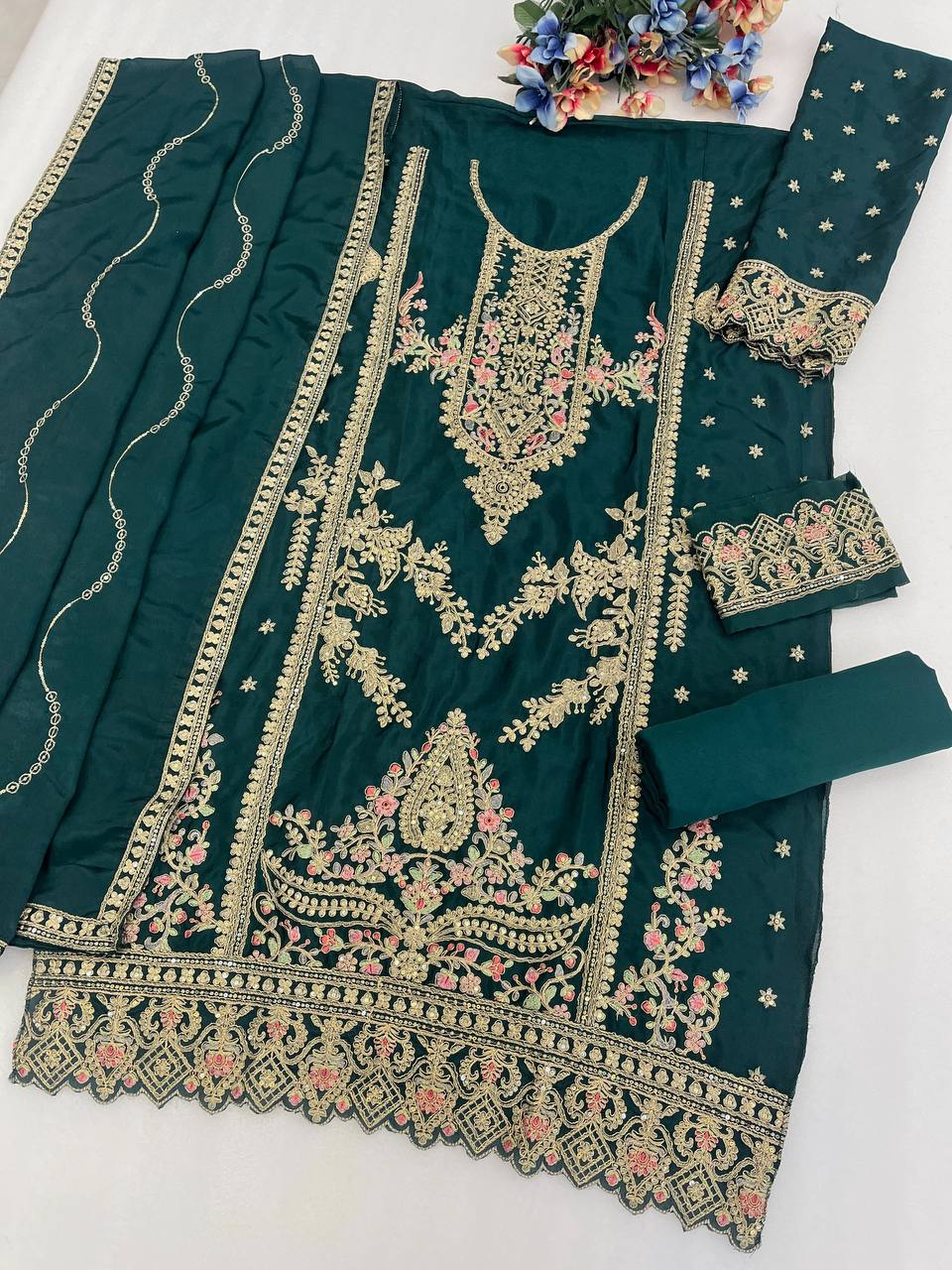 Premium Viscose Chinon Silk Top, Bottom & Dupatta Set