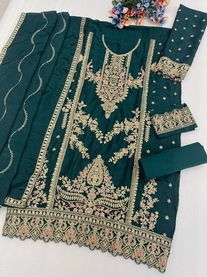 Premium Viscose Chinon Silk Top, Bottom & Dupatta Set