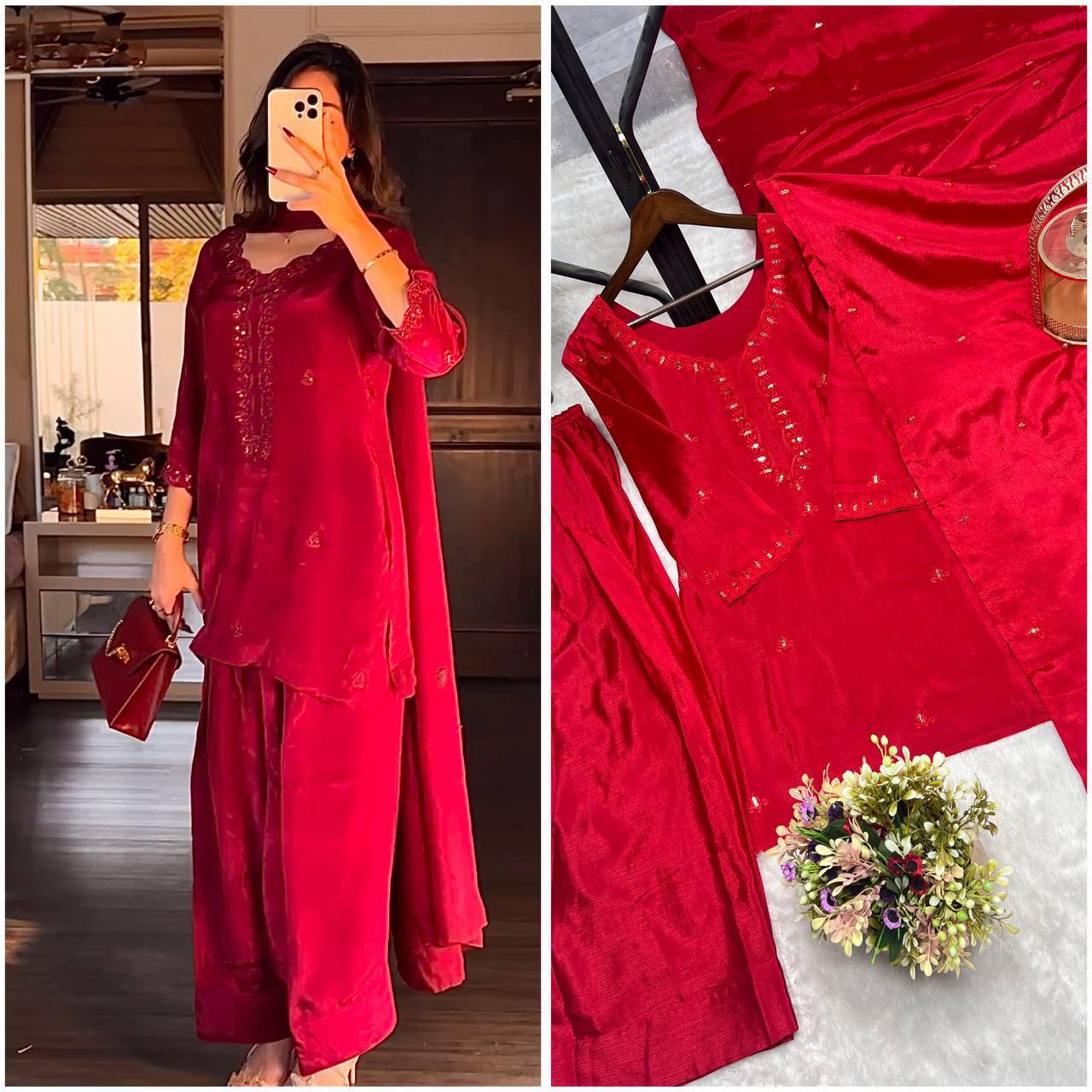 Premium Chinon Silk Kurti, Farsi Salwar & Dupatta Set